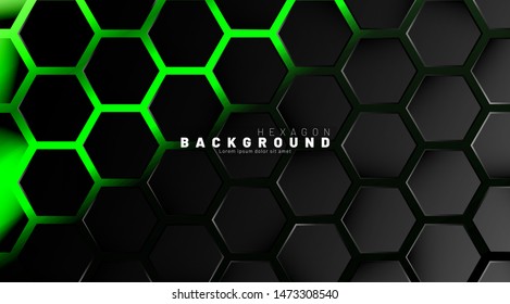 Abstract black hexagon pattern on green neon background technology style. Honeycomb. Vector illustration