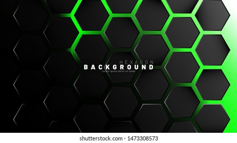 Abstract black hexagon pattern on green neon background technology style. Honeycomb. Vector illustration