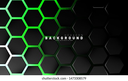 Abstract black hexagon pattern on green neon background technology style. Honeycomb. Vector illustration
