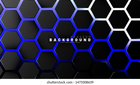 Abstract black hexagon pattern on blue neon background technology style. Honeycomb. Vector illustration