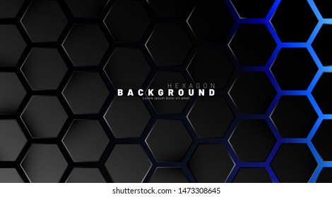 Abstract black hexagon pattern on blue neon background technology style. Honeycomb. Vector illustration