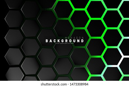 Abstract black hexagon pattern on green neon background technology style. Honeycomb. Vector illustration