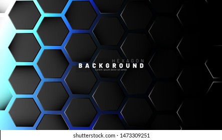 Abstract black hexagon pattern on blue neon background technology style. Honeycomb. Vector illustration