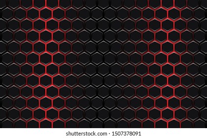 Abstract black hexagon pattern on neon gradient red background technology style. Honeycomb. Vector illustration