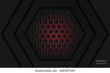 Abstract black hexagon pattern on neon gradient red background technology style. Honeycomb. Vector illustration