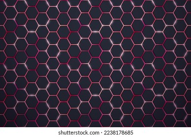 Abstrakte schwarze Sechseckfliesen, horizontaler Hintergrund mit glänzenden Apfelsinen auf Rot. Moderne Technologie leuchtende Zellen Textur. Vektorgrafik, die Game-Hexagon-Hintergrund leuchtet.