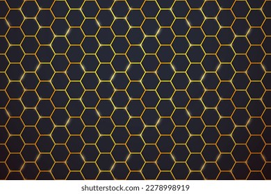 Abstract black hexagon tiles pattern horizontal background with shiny flares on gold yellow background. Modern honeycomb luminous cells texture. Vector glowing game, medical, hexagon background