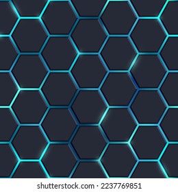 Abstract black hexagon tiles seamless pattern with shiny flares on blue background. Modern technology luminous cells texture. Vector glowing game, medical, science hexagon background.