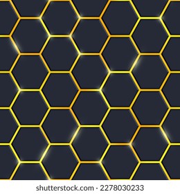 Abstract black hexagon tiles seamless pattern with shiny flares on gold yellow background. Modern technology luminous cells texture. Vector glowing game, medical, honeycomb hexagon background