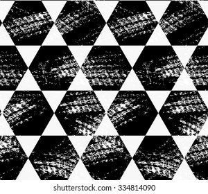 Abstract black hexagons with grunge.Hand drawn with paint brush seamless background.Modern hipster style design.