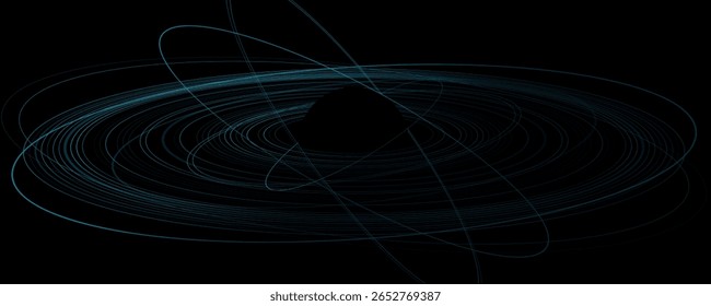 Buraco negro abstrato ou núcleo planetário rodeado por anéis orbitais azuis no fundo escuro. Conceito de movimento cósmico ou força gravitacional para astrofísica e projetos do espaço profundo. Ilustração vetorial.