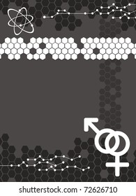 abstract black honeycomb background with atomic structure, male female symbol