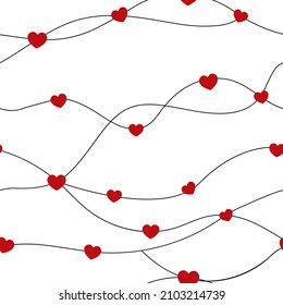 Resumen Las líneas horizontales negras con los corazones rojos dan forma a un patrón sin fisuras sobre el fondo blanco. Ilustración vectorial para valentinas, bodas, mujeres, saludo materno, diseño gráfico invitación.