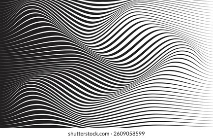 abstract black horizontal thick to thin line wave pattern background, banner, poster.