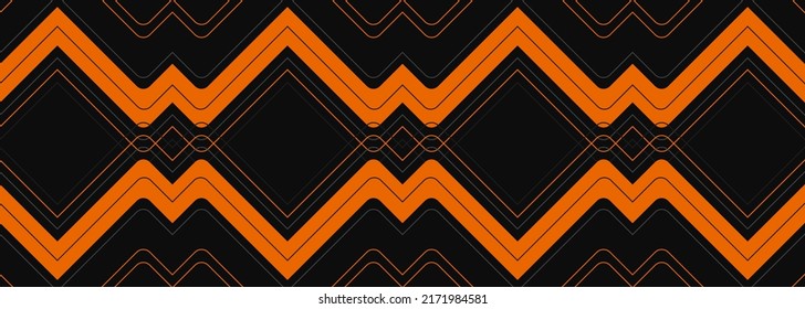 Resumen de fondo ancho horizontal negro con líneas geométricas onduladas, ángulos y flechas anaranjadas. Ilustración del vector