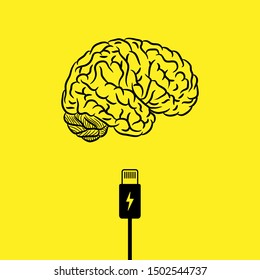 Abstract black human brain silhouette with charge cable isolated on yellow background