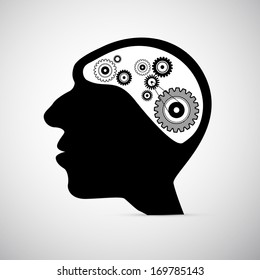 Abstract Black Human Head with Cogs, Gears Instead of Brain