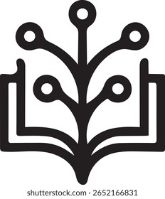 An abstract black icon features an open book with curving pages.