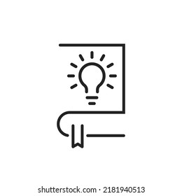 icono negro abstracto con libro de línea delgada y lámpara de luz. concepto de publicación de literatura empresarial o pictograma de librería. tendencia lineal moderno folletos info elemento de diseño de logotipo aislado en blanco