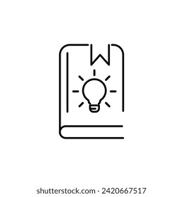 icono negro abstracto con libro de línea delgada y lámpara de luz. concepto de publicación de literatura empresarial o pictograma de librería. tendencia lineal moderno folletos info elemento de diseño de logotipo aislado en blanco