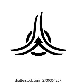 Abstraktes schwarzes Infinity-Pfeillogo, das Wachstum, Richtung und Vorwärtsdynamik auf sauberem, weißem Hintergrund darstellt.