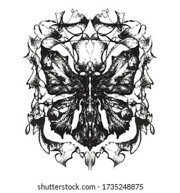 Abstract black ink background. Black paint stroke texture on white paper. Black abstract flower. Wallpaper for web and game design. Grunge mud art. Dark Smear.
