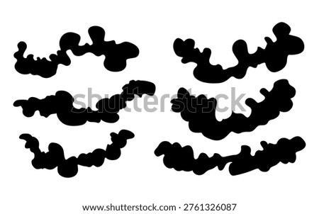 Abstract black ink blot shapes on a white background, resembling organic forms or smoke plumes, graphic resource elements.
