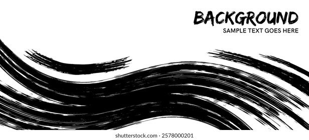 Abstract black ink brush stroke background with dynamic wave pattern, hand-painted artistic texture, and expressive grunge.