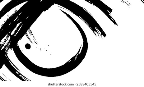 An abstract black ink brush stroke design on a white background, featuring curved lines and a dot, creating a dynamic and artistic composition.