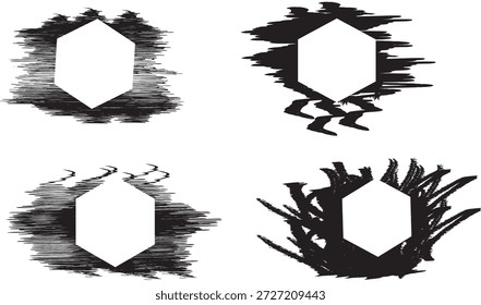 Abstrakte schwarze Tinte Pinsel Stroke Frames mit Hexagon geometrischen weißen Zentrumsraum für Text