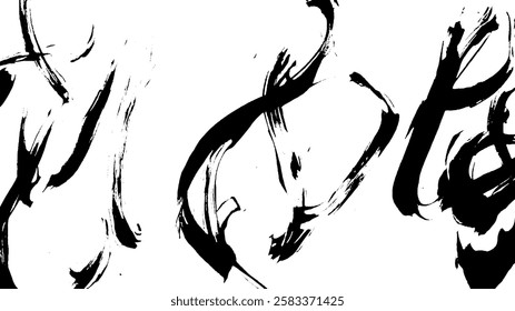 Abstract black ink brush strokes on a white background, creating a dynamic and artistic composition.