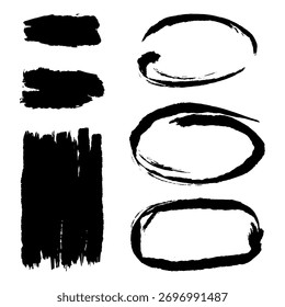 Conjunto de Elementos de textura de círculos de grunge y trazos de pincel de tinta negra Abstractas