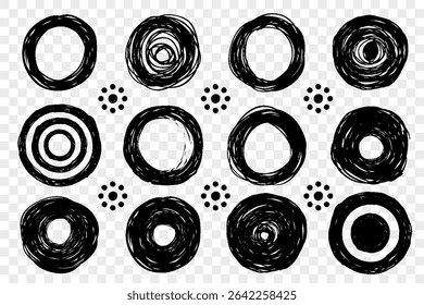 Abstract black ink circular designs and dot patterns on transparent background, perfect for graphic design, decoration, or artistic projects.