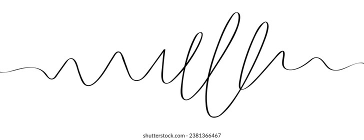 Abstract black ink curly line, isolated on white background. Vector wiggly line banner.