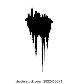 Abstract black ink drip with city skyline silhouette, representing urban art, creativity, and modern design elements in a striking visual composition.