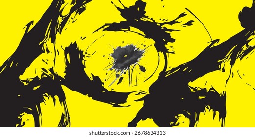 Flor de tinta negra Abstractas con salpicaduras sobre fondo amarillo