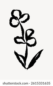 Abstract black ink flower with three petals and two leaves on a white background. Simple flower design with bold black ink strokes and minimalist style. Flower illustration vector.