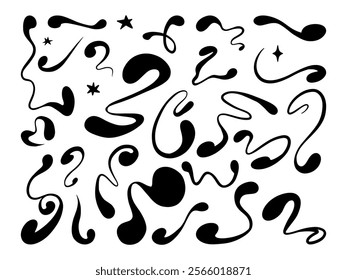 Abstract Black Ink Freeform Lines and Stars. A set of 28 bold black ink abstract lines and star accents in a minimalist hand-drawn style, perfect for modern and creative projects