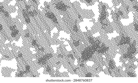 Abstract black ink line pattern with dense crosshatching and wavy striped shapes on a white background, creating a handmade sketch texture