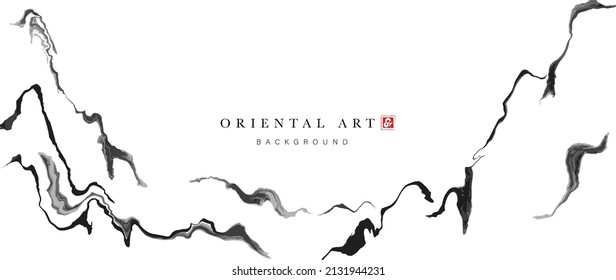 Abstract Black Ink Painting On White Background In Traditional Japanese Style. Oriental Wallpaper With Black Watercolor Brush Texture. Asian Design For Banner, Wall Art, Decoration, Poster And Print.