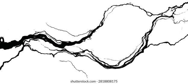 Abstract black ink river delta pattern on white background with organic branching shapes