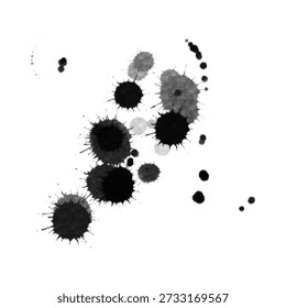 Abstractas salpicaduras de tinta negra y gotas en estilo de semitono aislado sobre fondo blanco. Ilustración de salpicaduras de pintura grunge para diseño moderno, textura, póster, marca y conceptos artísticos.
