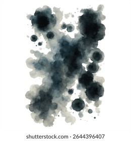 Abstract black ink splashes and stains on white background. Grunge watercolor texture for creative projects, design, or artistic backgrounds.