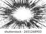 Abstract black ink splatter burst with rough texture on a white background.