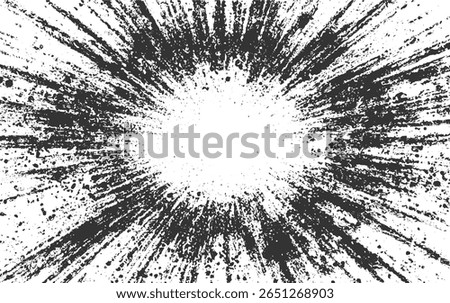 Abstract black ink splatter burst with rough texture on a white background.