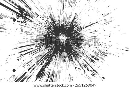 Abstract black ink splatter explosion with dynamic lines and dots on a white background.