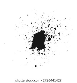 Abstract black ink splatter with fine spray droplets for grunge design textures.