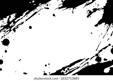 Abstract black ink splatter frame on a white background, perfect for adding a grunge edge, border, or textured element to designs.