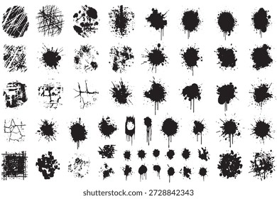 Abstrakte schwarze Tintenklatsche und farbige Grunge-Farbtextur auf weißem Hintergrund