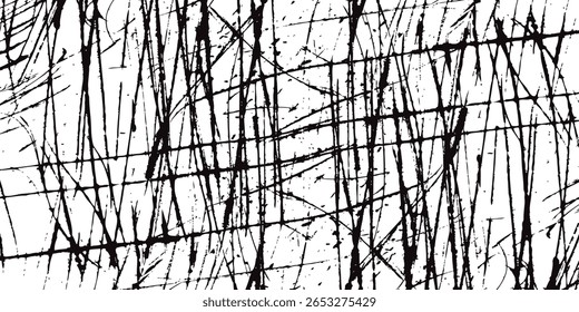 Abstract Black Ink Splatter and Scratch Lines Texture on White Background
